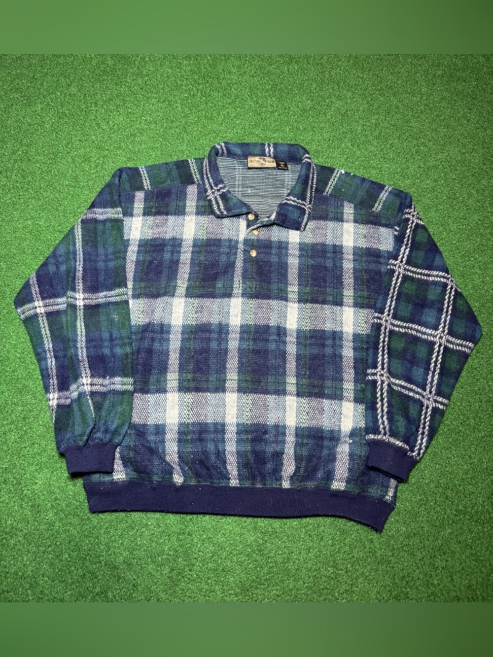 Jeans Wear Vintage 90s Pullover Polo Button Up Blue Plaid Sweatshirt Pockets
